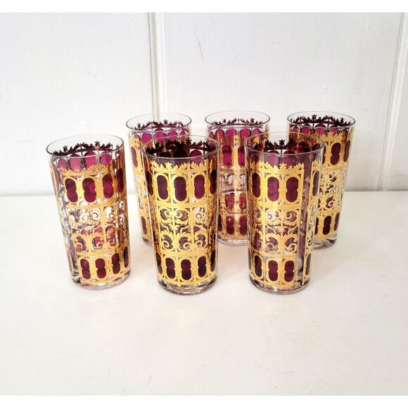 Culver Other - Culver MCM Azure Gold and Cranberry Collins Glasses Set of Six Plus Extra